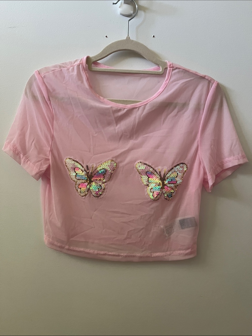Shein Pink Mesh Crop Top with Sequin Butterflies M/L NWOT